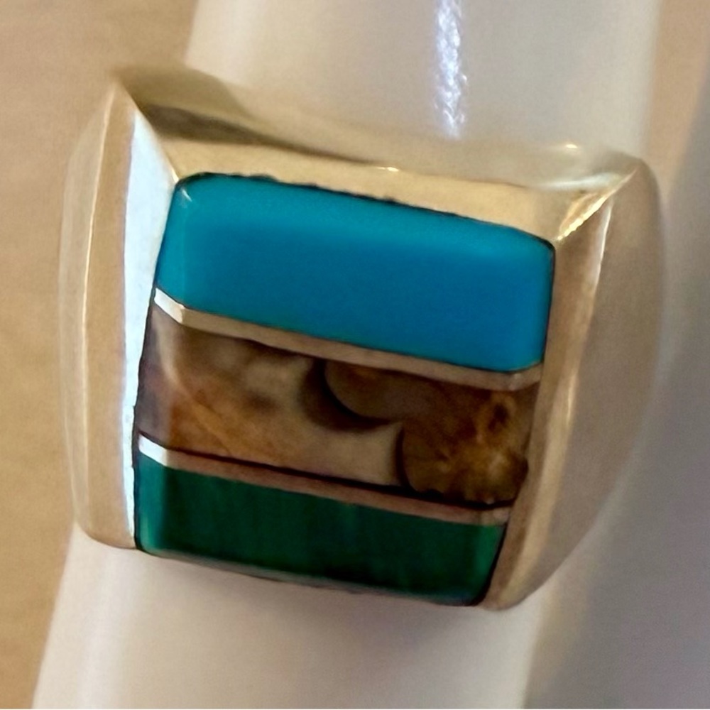 Sterling Inlay Ring with Turquoise, Green Malachite & Brown Matrix, Sz 6 1/2
